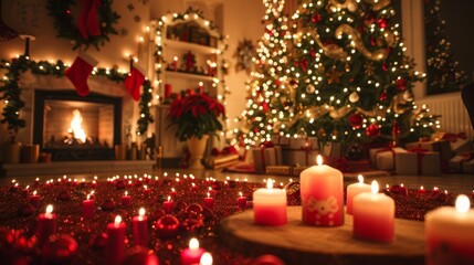Wall Mural -  A group of lit candles sits atop a wooden table, before a Christmas tree in a living room