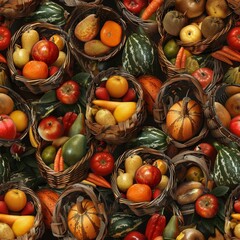 Sticker - Seamless A basket of fruits and vegetables including apples, oranges, and carrots