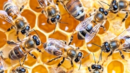 Wall Mural -  A group of bees atop a beehive, adjacent to honeybees on a honeycomb section, teeming with ample honey