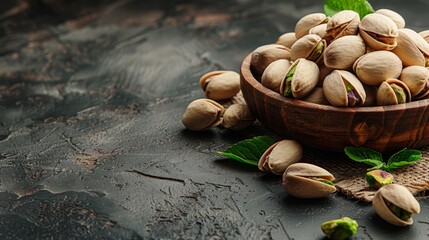 Poster -  A wooden bowl, brimming with pistachios, sits atop a piece of cloth Nearby, a separate cup holds additional pistachios on a weathered wooden table