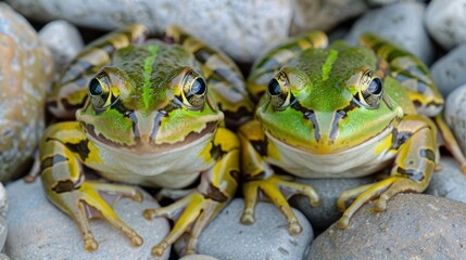 Poster -  A couple of green frogs sit atop a rock pile Nearby, a heap of gray and white rocks is home to a frog with yellow and black spotted legs