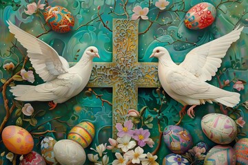 Wall Mural - Easter art with crosses, doves. Happy easter. Easter concept