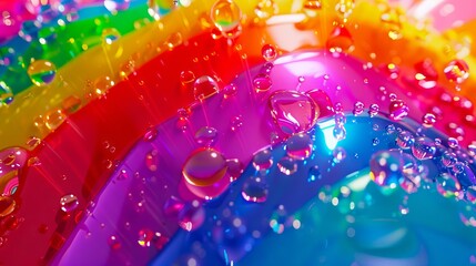 A colorful rainbow with water droplets.