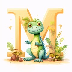 Cute cartoon crocodile with letter M. Vector illustration for children.