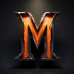 Futuristic glossy orange letter M uppercase isolated on black background. 3D rendered alphabet.