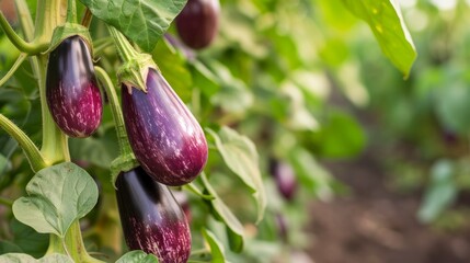 Wall Mural - Growing eggplant harvest and producing vegetables cultivation. Concept of small eco green business organic farming gardening and healthy food	