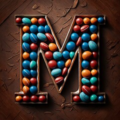 Letter M filled with colorful chocolate Easter eggs over rustic wooden background.