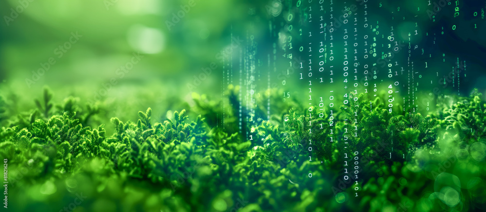 Lush green plants with an overlay of digital binary code, merging ...