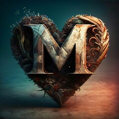 3d illustration of old metal letter M in the shape of a heart