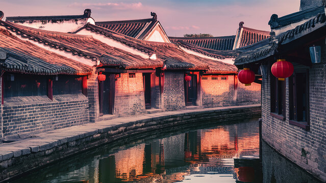 photography of a serene antique traditional chinese town with rustic charm of the tiled roofs and st