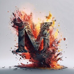 Futuristic letter M in fire and smoke, 3d rendering