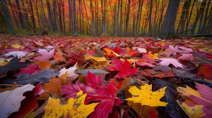 Wall Mural - with each gust of wind maple leaves gently fall to the ground adding to the mosaic of colors on the 