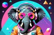 © valentina - elephant with headphone and sunglasses cosmic 80s style party content created with generative AI software.