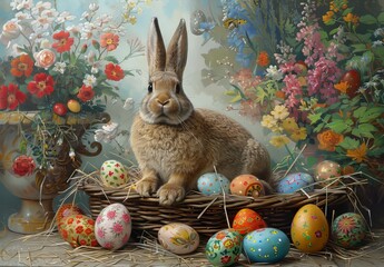 Wall Mural - Traditional Easter Bunny with colorful Easter eggs. Happy easter