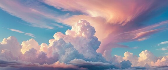 Stunning wide landscape of a dramatic cloudscape at sunset, featuring fluffy cumulus clouds under a colorful sky painted in shades of pink and blue.