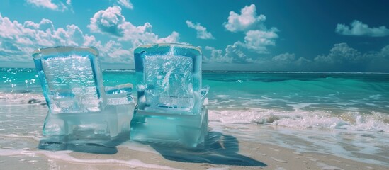 ice chairs on the beach with blue water