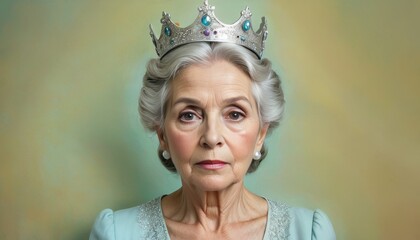 Wall Mural - A dignified elderly woman with a poised expression wearing a jeweled crown and a blue dress against a soft background.