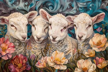 Wall Mural - Easter art with 3 lambs. Sheep. Happy easter