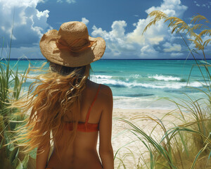 Wall Mural - woman in bikini on the beach with hat
