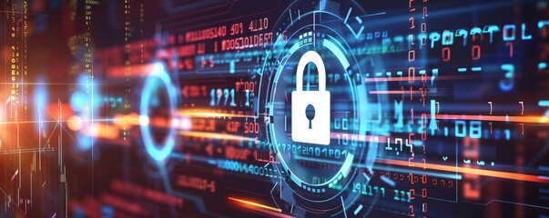 A cyber security concept with a lock icon on a digital interface and binary code in the background