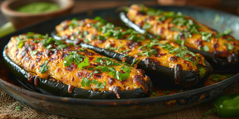 Wall Mural - A pan filled with stuffed eggplant covered in melted cheese