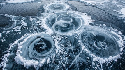 Wall Mural - Aerial view of a frozen lake with unique rings of ice spinning on its surface resembling a kaleidoscope.