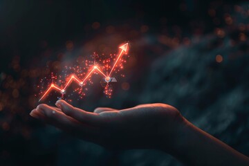 A hand holding a rising arrow graph with glowing hologram icons on a dark background, a business growth concept Generative AI