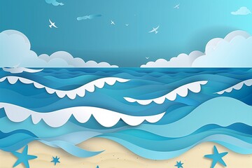 Abstract blue sea and beach summer background with paper waves and seacoast for banner, invitation, poster or web site design. Paper cut style, 3d effect imitation, space for text, vector illustration