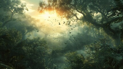 Poster - Morning sunlight filters through leaves of a green forest