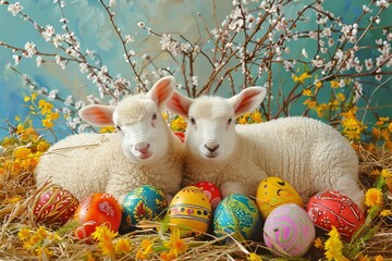 Wall Mural - Easter art with 3 lambs. Sheep. Happy easter