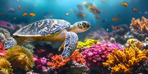 Wall Mural - Underwater scene with sea turtle colorful fish and vibrant corals. Concept Underwater Photography, Marine Life, Sea Turtle, Colorful Fish, Vibrant Corals