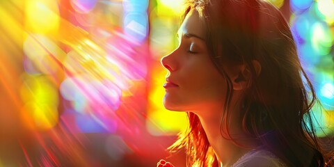 Wall Mural - Young woman praying in church expressing faith hope and devotion to God. Concept Religious, Woman, Prayer, Church, Faith