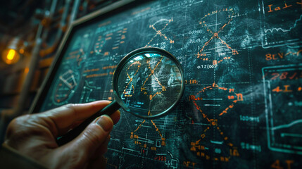 Wall Mural - Examining research and development symbols closely with a magnifying glass.
