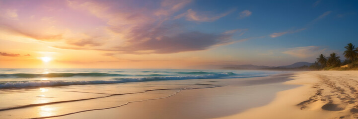 Wall Mural - A serene panoramic view of a beach during sunset with waves gently touching the shore and palm trees in the distance