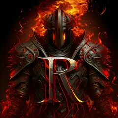 Futuristic knight with sword and shield on fire background. 3d illustration letter R