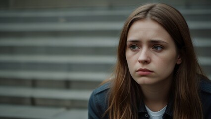 A young woman in depression on street, copy text, banner