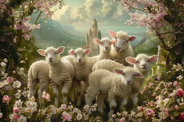 Wall Mural - Easter art with 3 lambs. Sheep. Happy easter