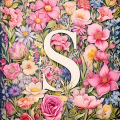 Floral alphabet, letter S. Vintage floral background. Floral font.