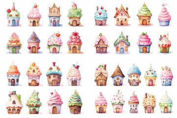 Wall Mural - illustration watercolor cupcake and ice-cream house clipart collection set isolated on white background