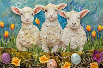 Wall Mural - Easter art with 3 lambs. Sheep. Happy easter