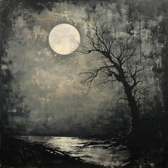 Poster - A painting of a moonlit night with a tree in the foreground