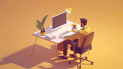 A man is working sitting at a desk in front of a computer monitor. Programmer, trader, designer or other specialist at work. He is focused on his work. Illustration for varied design.