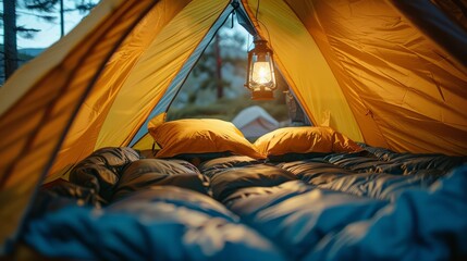 Poster - A tent with a yellow roof and a lantern inside