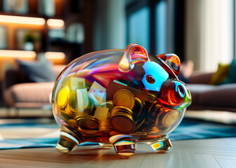 A creative transparent crystal piggy bank, with colorful coins and banknotes visible inside. The background is a luxurious living room, which highlights the symbolic meaning of wealth and opulence.