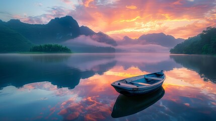 Aufkleber - A boat is floating on a lake with a beautiful sunset in the background