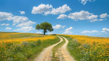 A road runs through a field of yellow flowers