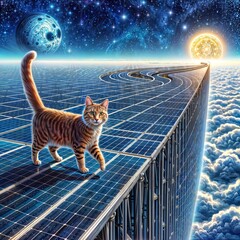 Wall Mural - In the image, a cat is walking on solar panels that are placed on top of a building. The panels form a path that goes through the clouds and leads to the moon.