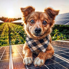 Wall Mural - A small cute brown dog in a checkered braid sits on solar panels.