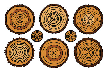 Tree ring wood circle set. Hand drawn tree ring pattern, line ripple circle wood texture. Wood organic slice line design. Vector