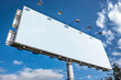 © forenna - A blank poster empty white billboard set against the blue sky. The large rectangular billboard gives room for creative advertising ideas. It's placed outdoors at an angle that capt